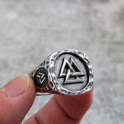 Vintage Solid Stainless Steel Viking Valknut Vegvisir Round Signet Ring for Men