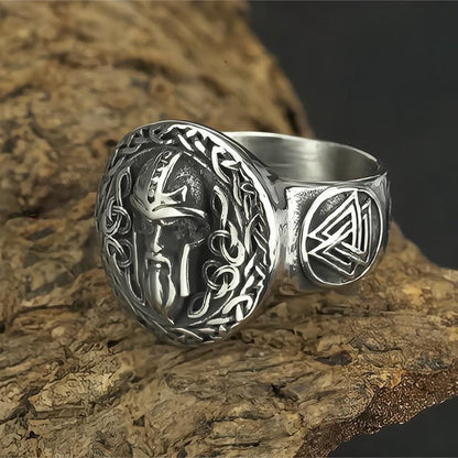 Vintage Solid Stainless Steel Norse Viking Odin Head Valknut Triangle Round Signet Ring for Men
