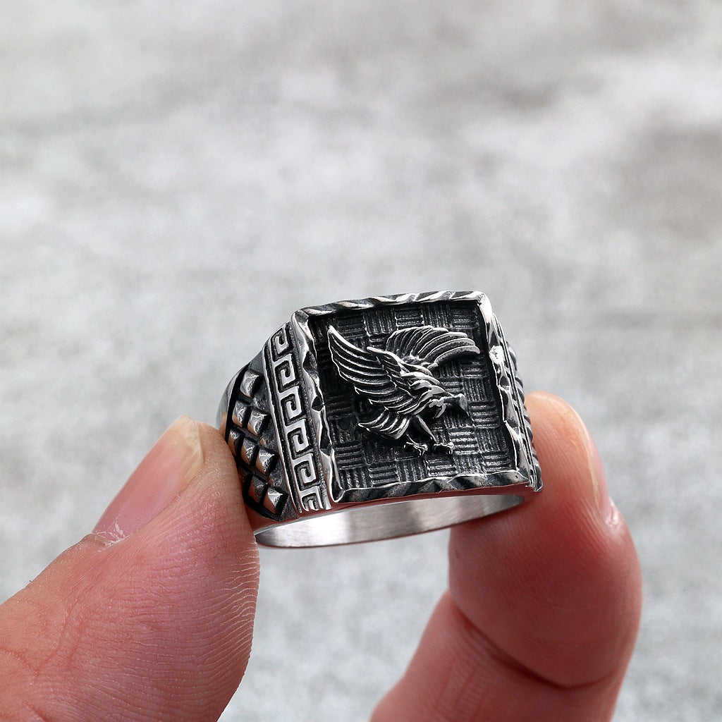 Vintage Solid Stainless Steel Eagle Embossed Square Signet Ring for Men