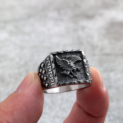 Vintage Solid Stainless Steel Eagle Embossed Square Signet Ring for Men