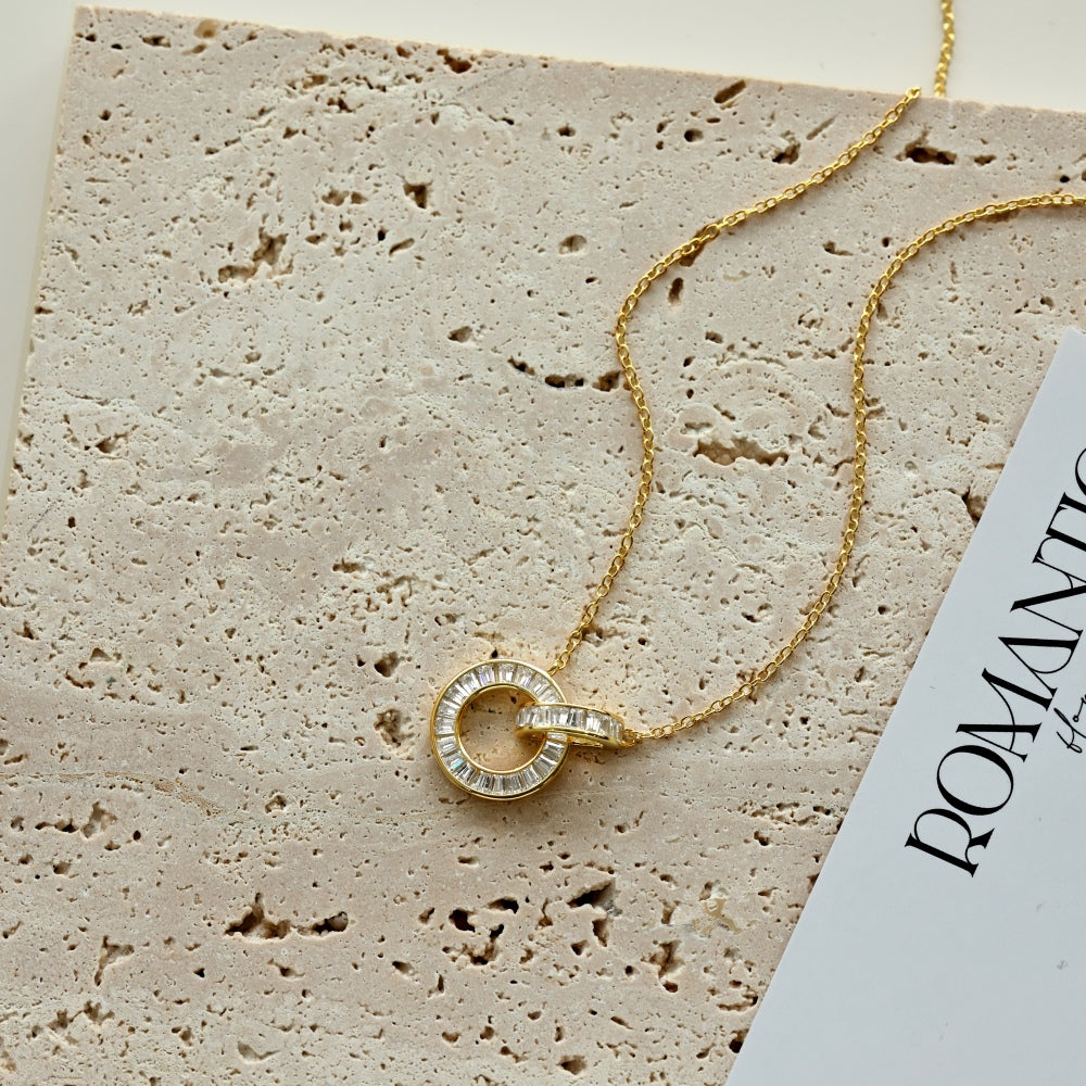 Women's Interlocking Rings Pendant Necklace, Baguette Zirconia Paved Inlay, S925 with 18K Gold Plating