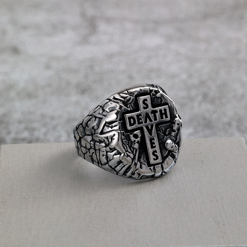 Vintage Antique Solid Stainless Steel 3D Carved Rock Crack Skull Death Cross Signet Ring for Men