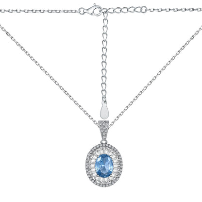 Women's Hollow Pendant Necklace, Inlaid Oval Blue Zirconia, S925 with White Gold Plating