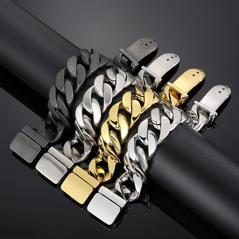 Men's Vintage Black Wide-Face Cuban Link Belt Buckle Titanium Steel Bracelet
