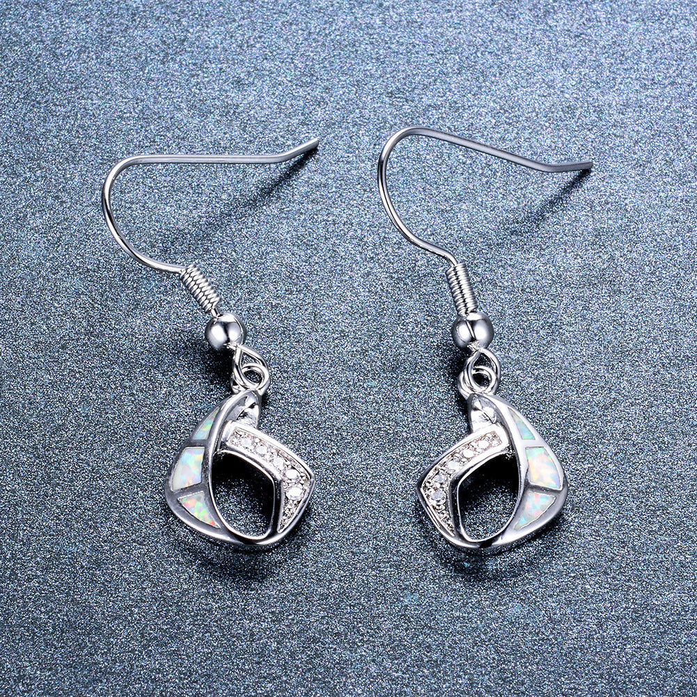 Women's Geometric Hollow Blue & White Opal With Clear Sapphire Hook Dangle Earrings
