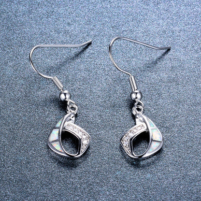 Women's Geometric Hollow Blue & White Opal With Clear Sapphire Hook Dangle Earrings