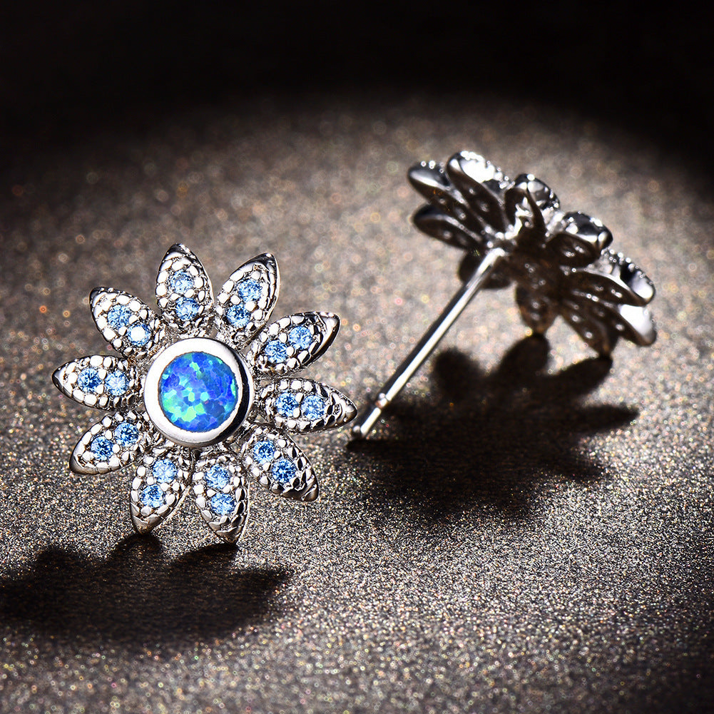 Women's Sunflower‑Shape Stud Earrings, Blue Opal / White Opal Inlay With Zirconia Accents, with White Gold Plating