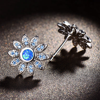 Women's Sunflower‑Shape Stud Earrings, Blue Opal / White Opal Inlay With Zirconia Accents, with White Gold Plating
