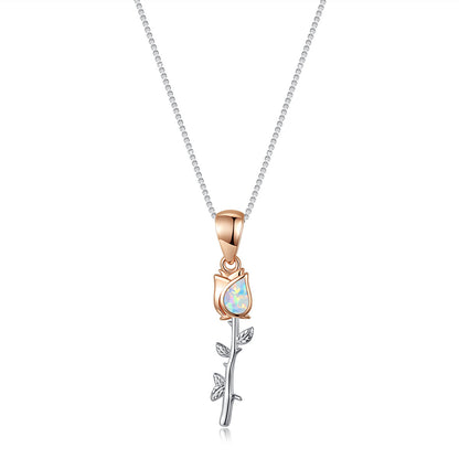 Two-tone White Gold and Rose Gold Blue and White Australian Rose Flower Women's Versatile Necklace