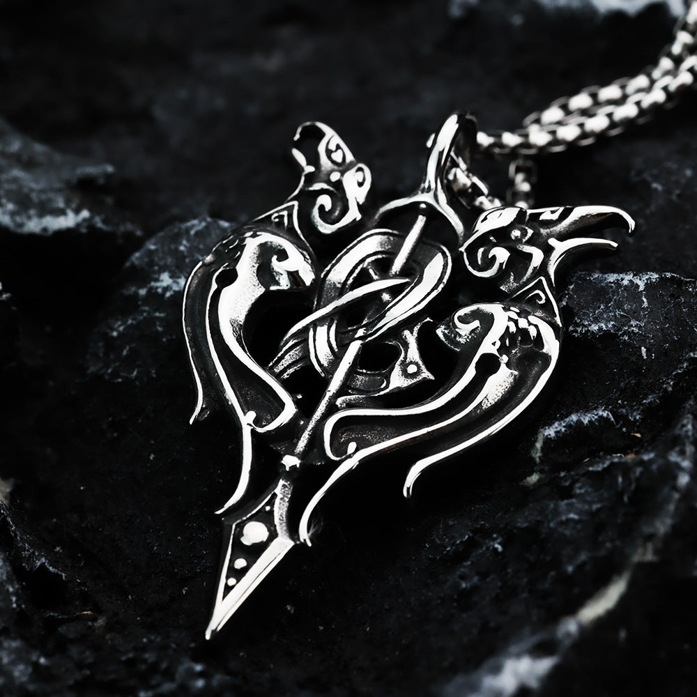 Vintage Antique Oxidized Stainless Steel Men's Norse Viking Twin Raven Celtic Knot Hollow Pendant Necklace