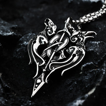 Vintage Antique Oxidized Stainless Steel Men's Norse Viking Twin Raven Celtic Knot Hollow Pendant Necklace