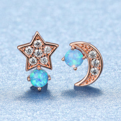 Women's Asymmetric Star Moon Zirconia Blue & White Opal Stud Earrings, White Gold / Rose Gold Plating