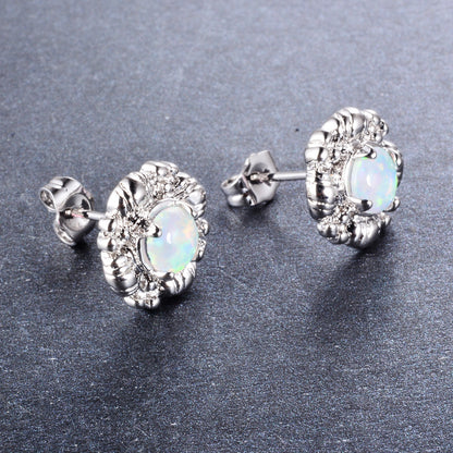 Women's Vintage Floral Cluster Round White / Blue Opal Stud Earrings, with White Gold Plating