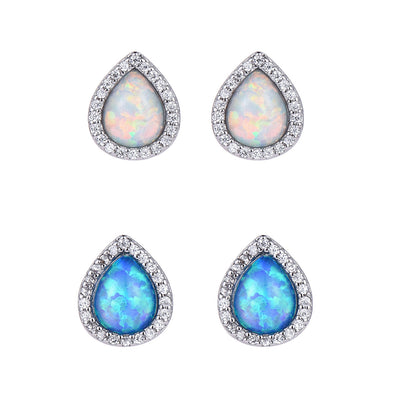 Women's Exquisite Pear‑Shape Halo Paved Zirconia Blue / White Opal Stud Earrings, with White Gold Plating