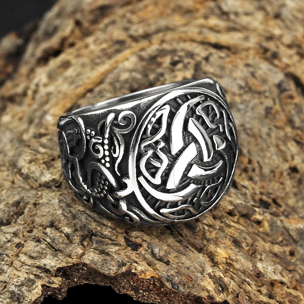 Vintage Solid Stainless Steel Norse Viking Triquetra Celtic Knot Carved Wide Band Ring for Men