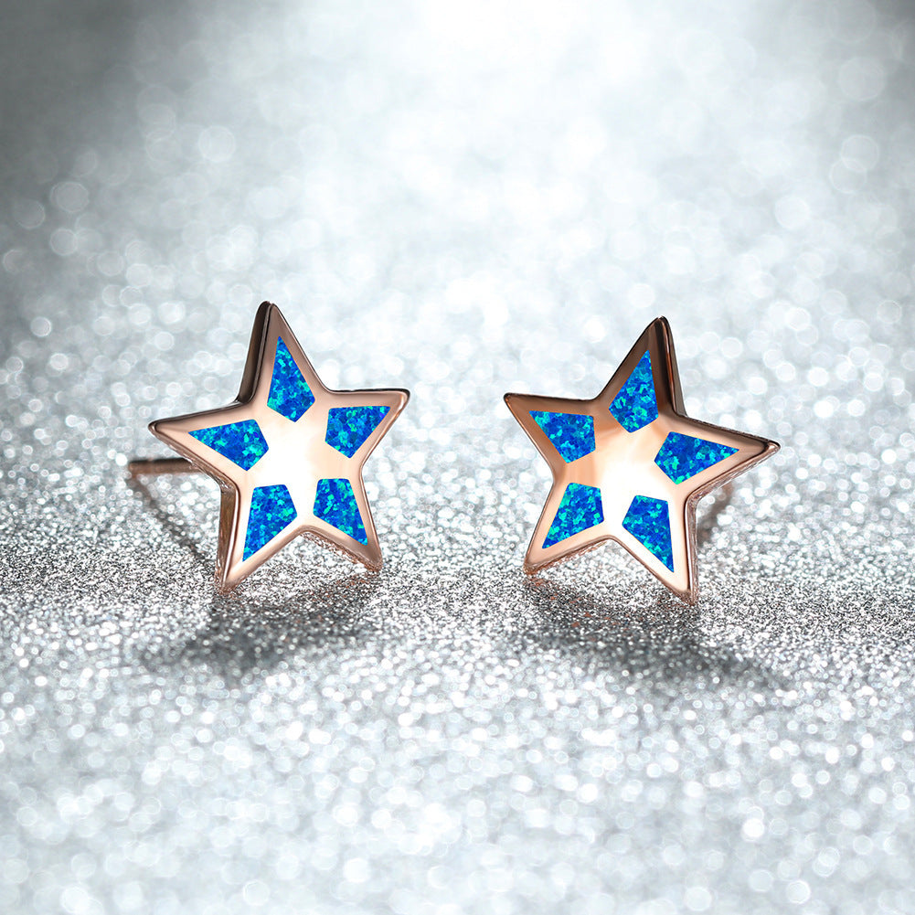 Women's Star‑Shape Hollow Blue / White Opal Stud Earrings, with White Gold Plating / Rose Gold Plating