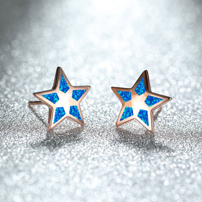 Women's Star‑Shape Hollow Blue / White Opal Stud Earrings, with White Gold Plating / Rose Gold Plating