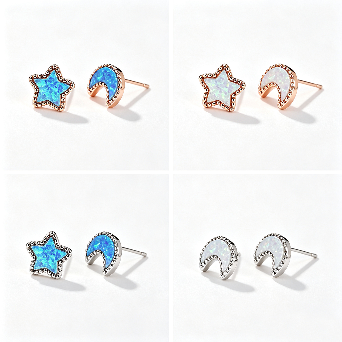 Women's Asymmetrical Star‑Moon Blue / White Opal Stud Earrings, with White Gold Plating / Rose Gold Plating