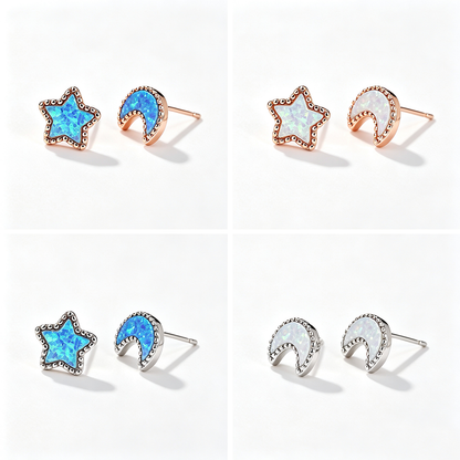 Women's Asymmetrical Star‑Moon Blue / White Opal Stud Earrings, with White Gold Plating / Rose Gold Plating