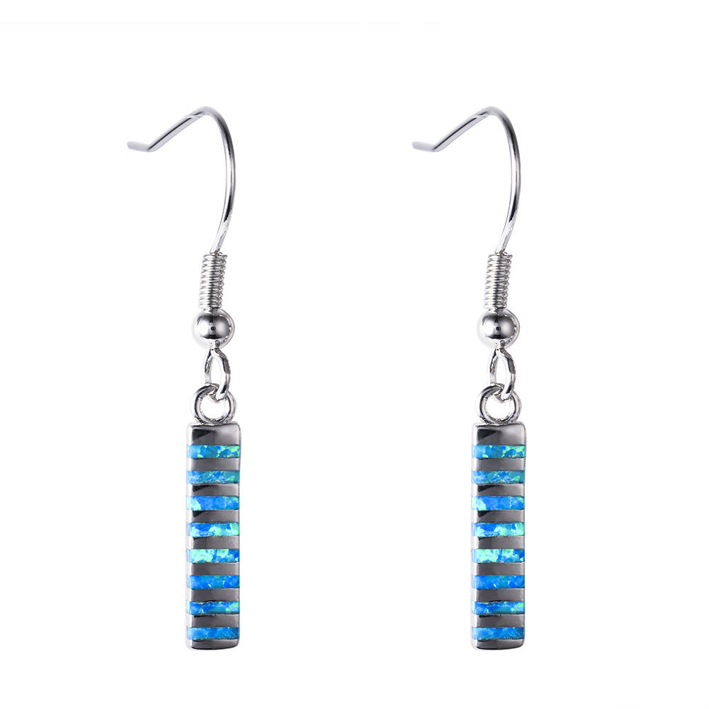 Women's Vertical Bar Inlaid Opal Dangle Hook Earrings, with White Gold Plating