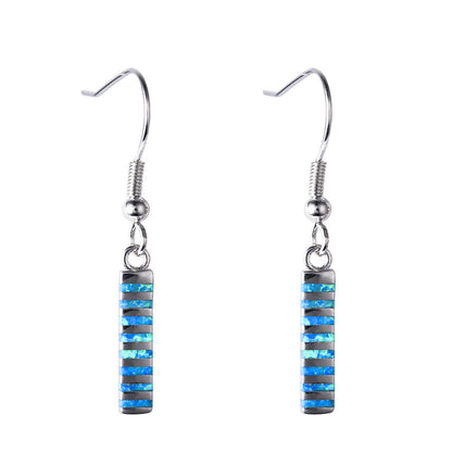 Women's Vertical Bar Inlaid Opal Dangle Hook Earrings, with White Gold Plating