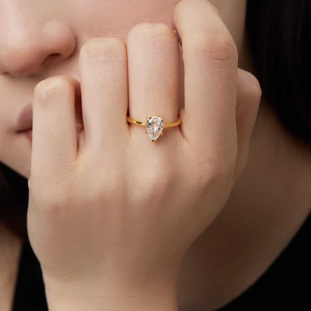 Women's Pear Shape Ice Flower Cut Zirconia Paved Simple Ring, S925 with Gold Plating