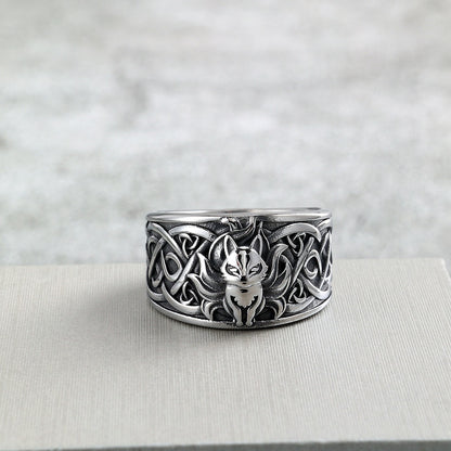 Vintage Nordic Solid Stainless Steel Viking Nine-Tailed Fox Pattern Ring for Men
