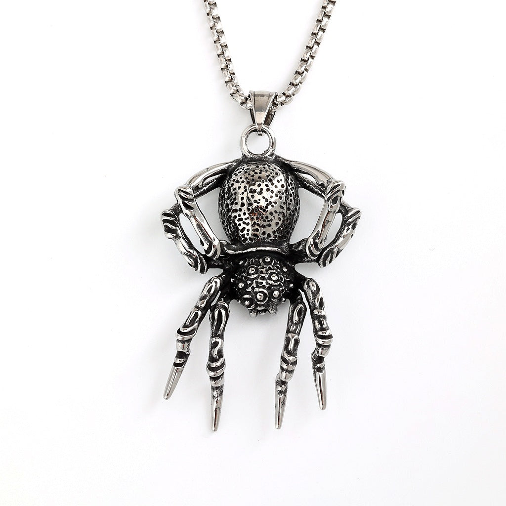 Vintage Stainless Steel Men's Halloween 3D Spider Pendant Necklace