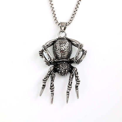 Vintage Stainless Steel Men's Halloween 3D Spider Pendant Necklace