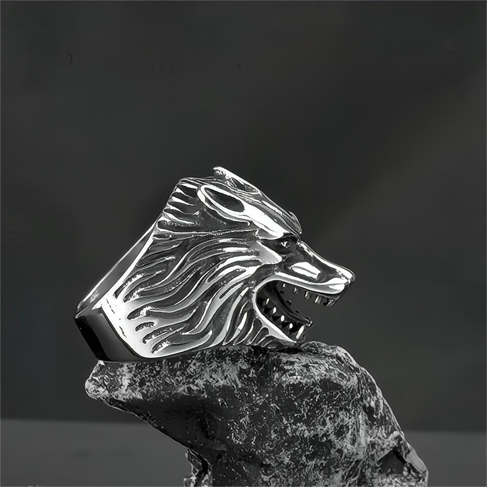 Vintage Solid Stainless Steel Nordic Big Wolf Head Band Ring for Men