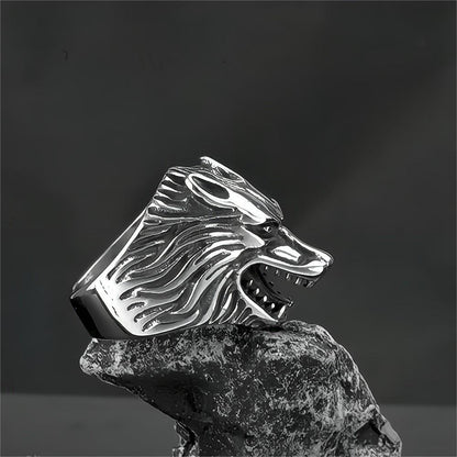 Vintage Solid Stainless Steel Nordic Big Wolf Head Band Ring for Men