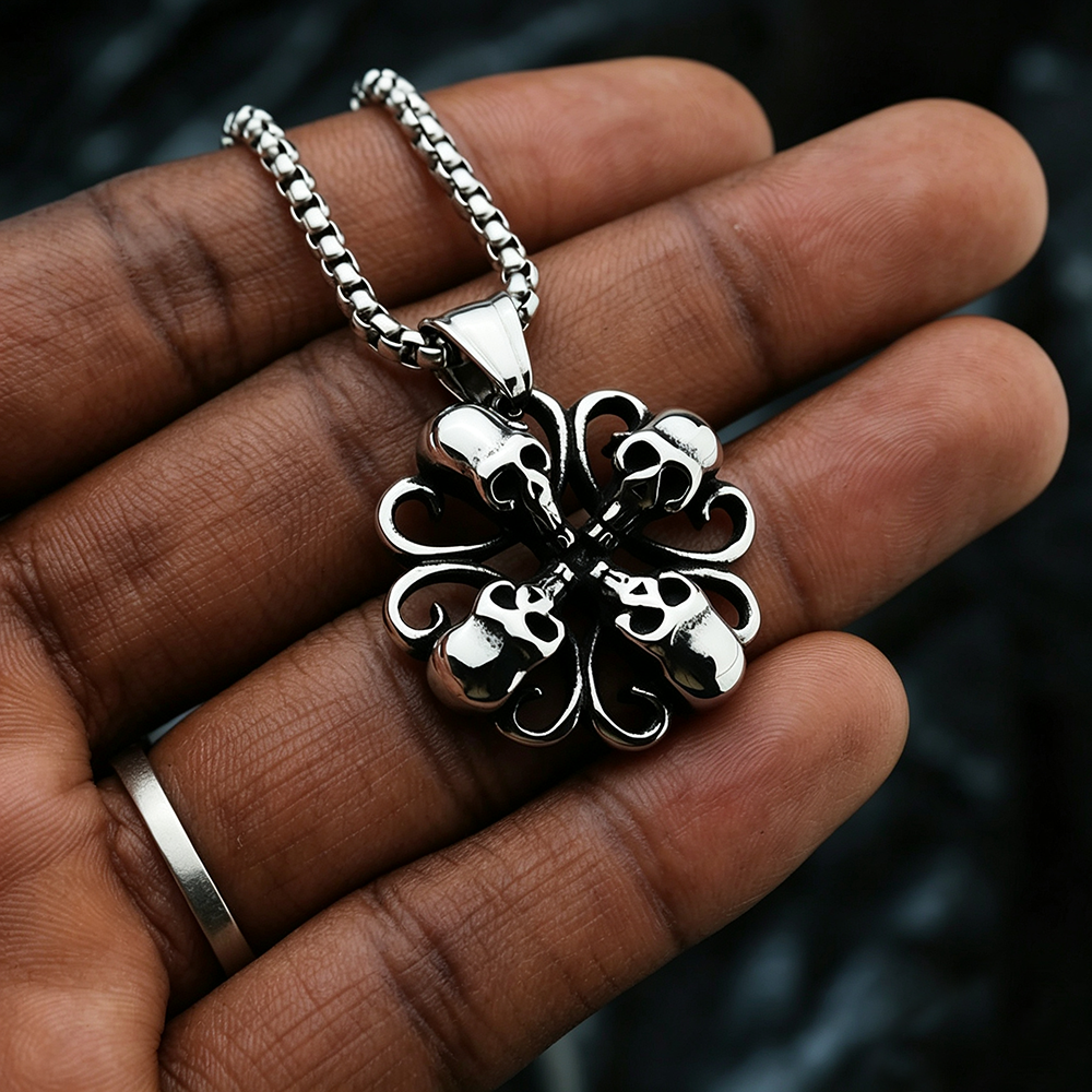 Men's Steel Flower Skull Pendant Necklace