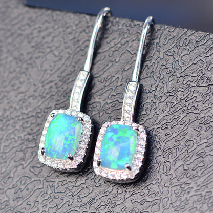 Women's White Gold Plating Rectangular Halo Zirconia Multi Color Opal Hook Earrings