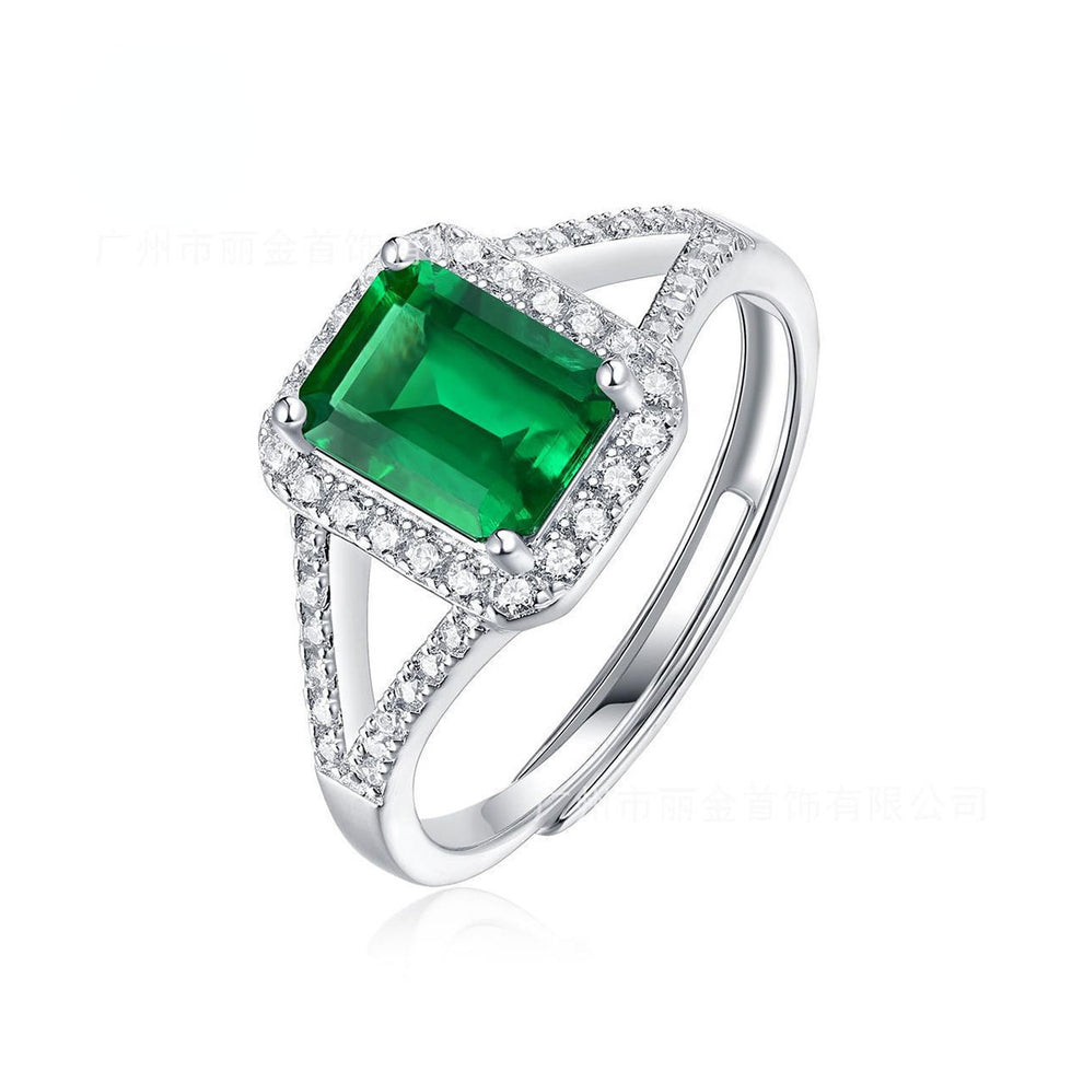 Women's White Gold Halo Emerald Hollow Adjustable Ring