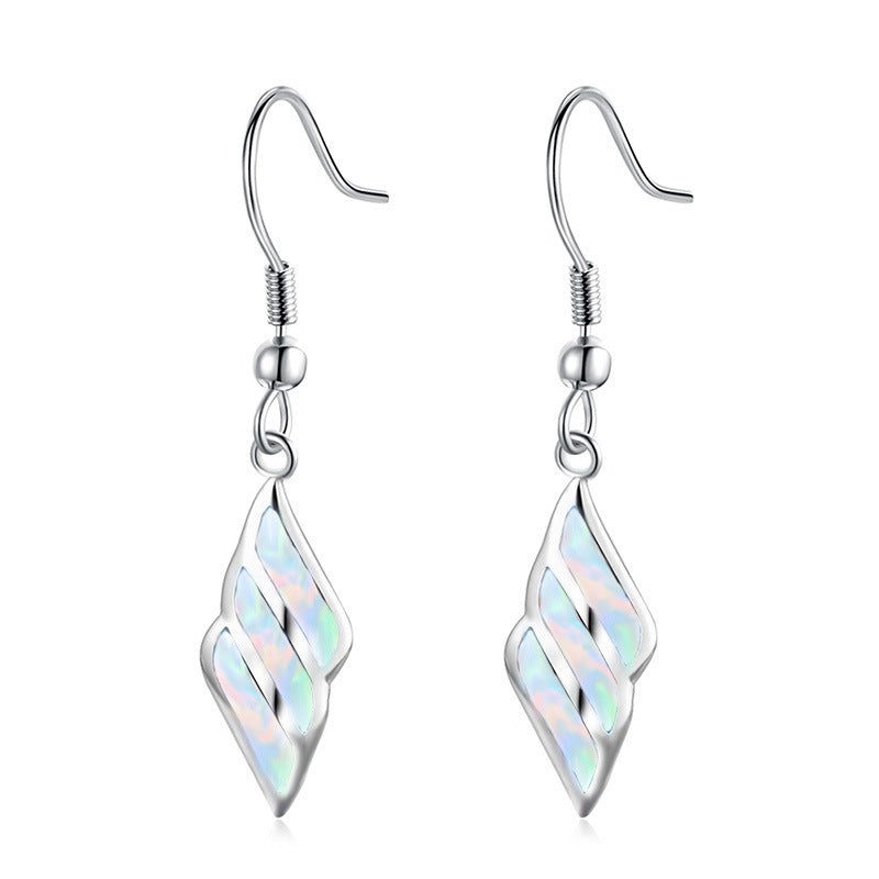 Women's Wing‑Shape Hook Dangle Earrings, Blue Opal Inlay, with White Gold Plating
