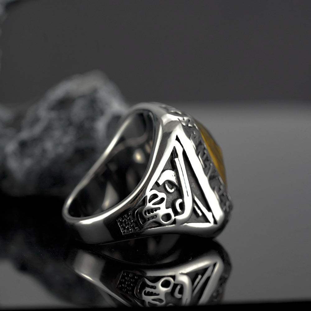 Vintage Solid Stainless Steel Inlaid Yellow Cubic Zirconia Engraved Symbol Wide Signet Ring for Men