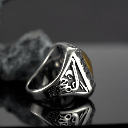Vintage Solid Stainless Steel Inlaid Yellow Cubic Zirconia Engraved Symbol Wide Signet Ring for Men