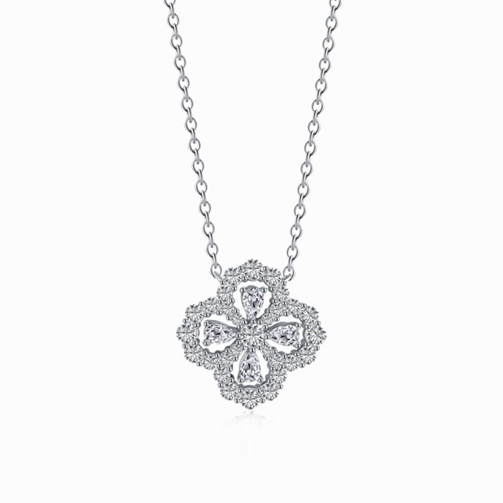 Women's Clover Pendant Necklace, Paved Zirconia Inlay, S925 with White Gold Plating