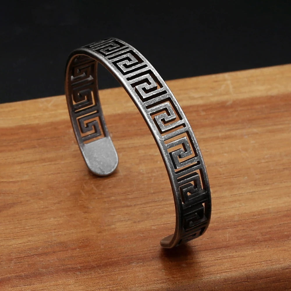 Vintage Engraved Texture Stainless Steel Open C Bracelet for Men, Cut-Out Pattern Adjustable Cuff Bangle Jewelry
