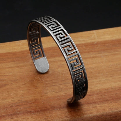 Vintage Engraved Texture Stainless Steel Open C Bracelet for Men, Cut-Out Pattern Adjustable Cuff Bangle Jewelry