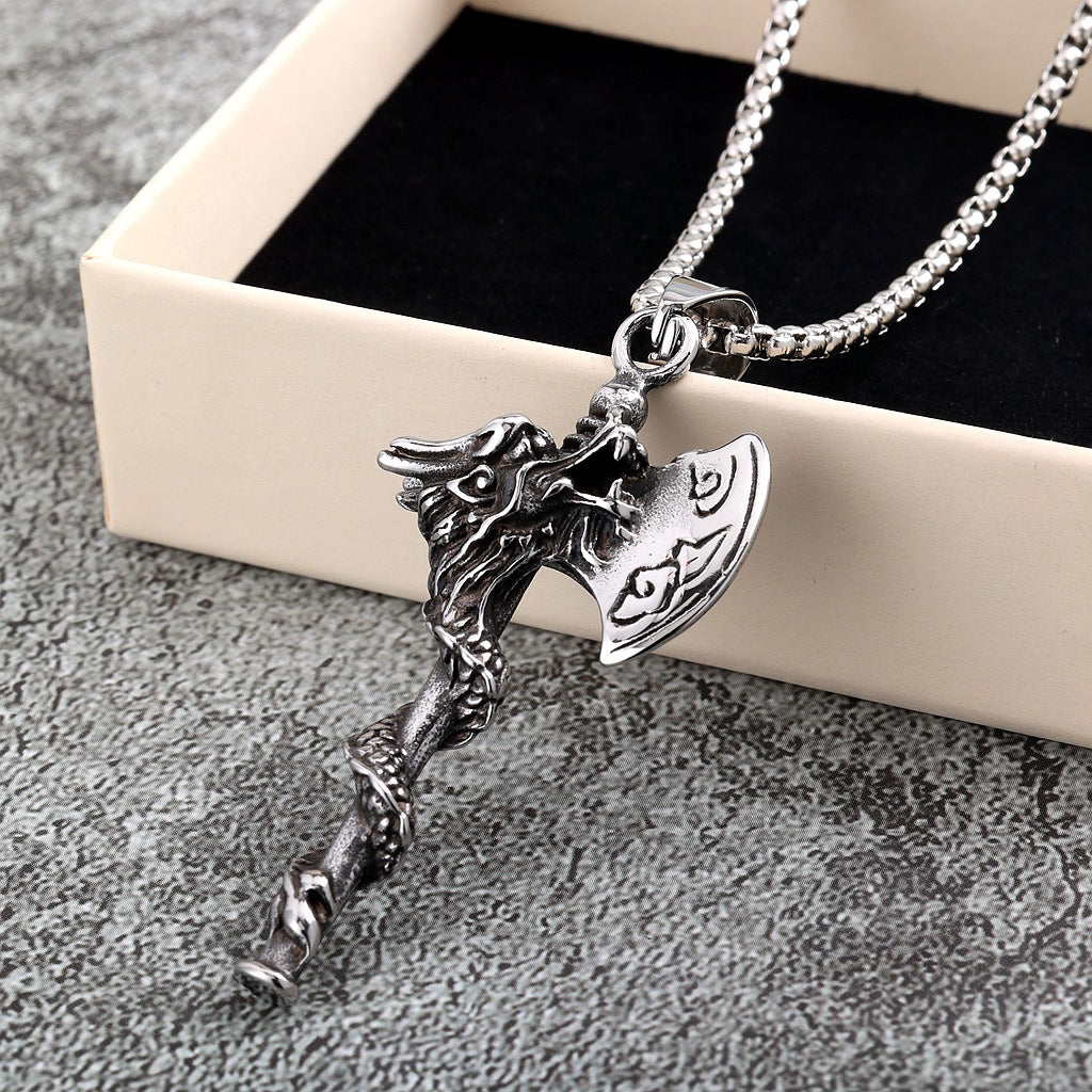Mens Steel Dragon Axe Pendant Necklace