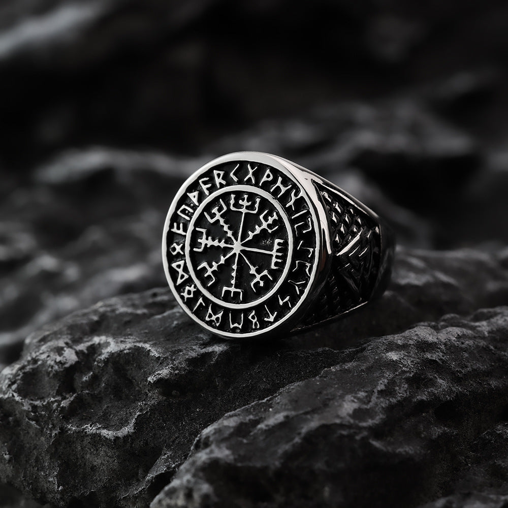 Vintage Nordic Stainless Steel Viking Rune Compass Round Ring for Men