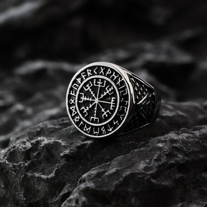 Vintage Nordic Stainless Steel Viking Rune Compass Round Ring for Men