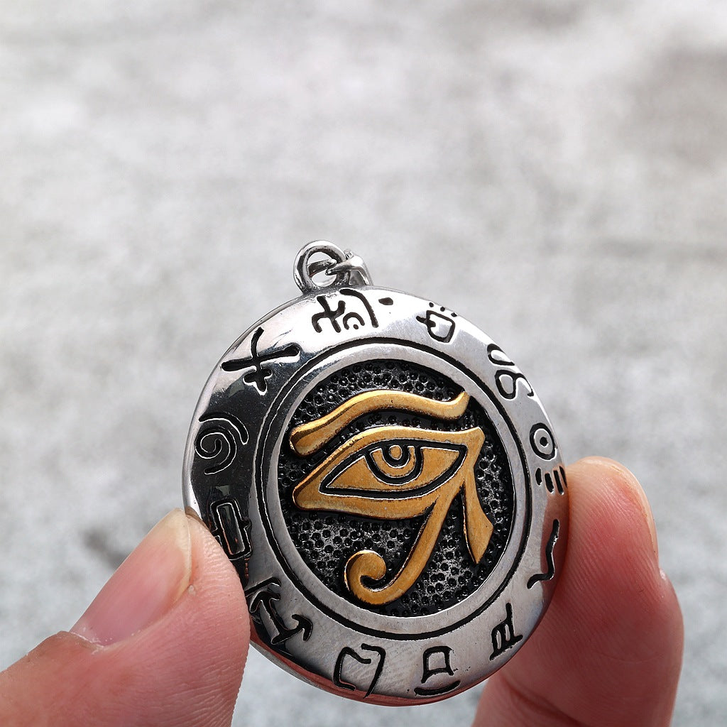 Vintage Stainless Steel Men's Egyptian Eye of Horus Round Pendant Necklace