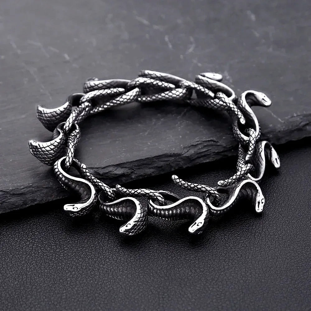 Men's Vintage 3D Snake Head Link Stainless Steel Open Cuff Bracelet, Antique Distressed Gothic Punk Hip‑Hop Fashion Jewelry Accessory