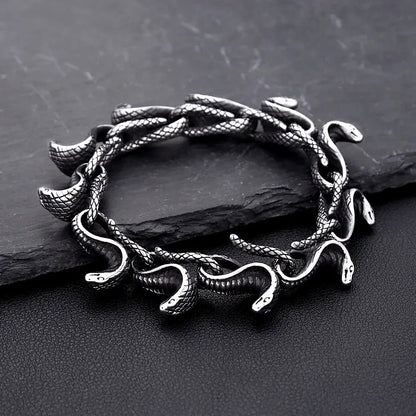 Men's Vintage 3D Snake Head Link Stainless Steel Open Cuff Bracelet, Antique Distressed Gothic Punk Hip‑Hop Fashion Jewelry Accessory