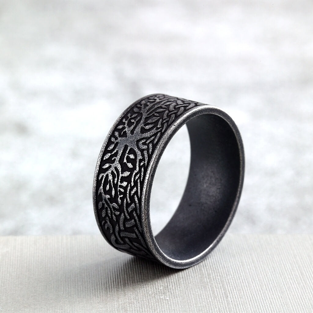 Vintage Solid Stainless Steel Celtic Knot Tree of Life Wide Band Ring for Men