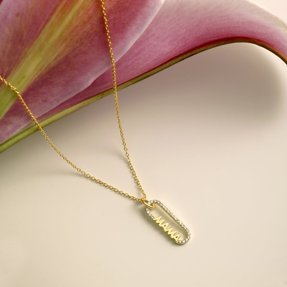 Women's MAMA Letter Pendant Necklace, Rectangle Frame Inlaid Zirconia, S925 with Gold Plating