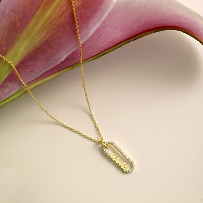 Women's MAMA Letter Pendant Necklace, Rectangle Frame Inlaid Zirconia, S925 with Gold Plating
