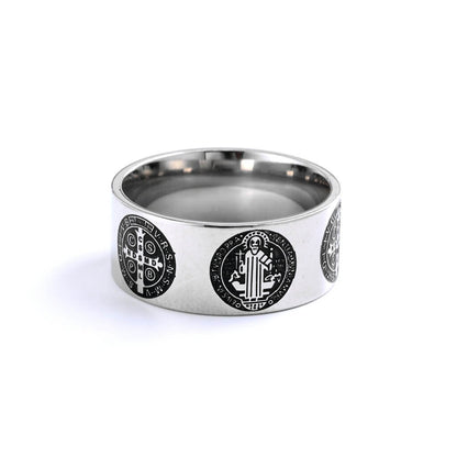 Vintage Polished Stainless Steel Saint Benedict Exorcism Cross Pattern Ring for Men